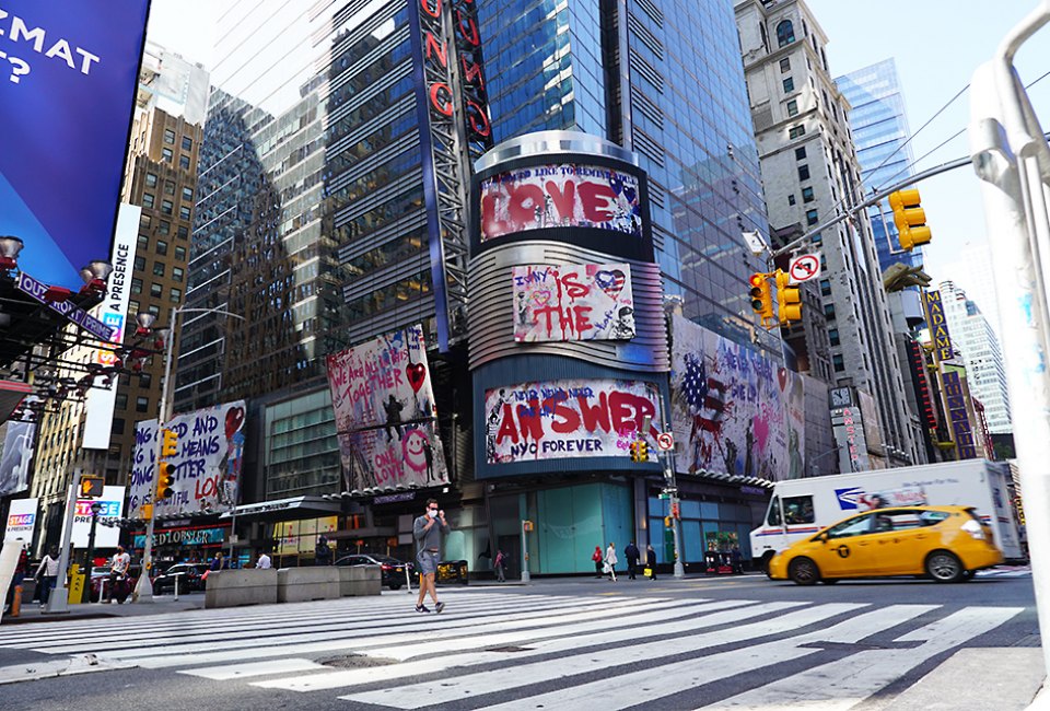 Times Square is more quiet than normal, but still filled with lively billboards and plenty of attractions. 