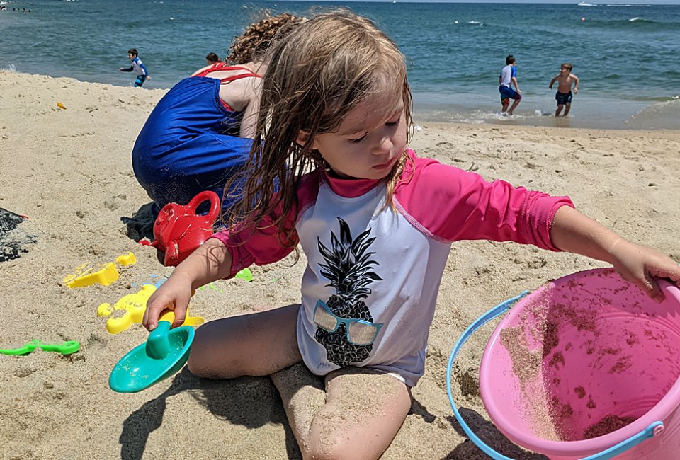 Sand castle building and more fun await little ones at Jones Beach State Park on Long Island. 