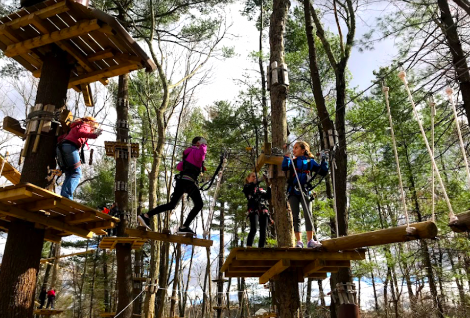 Kids ages 7 and up can navigate the ropes and zipline courses.