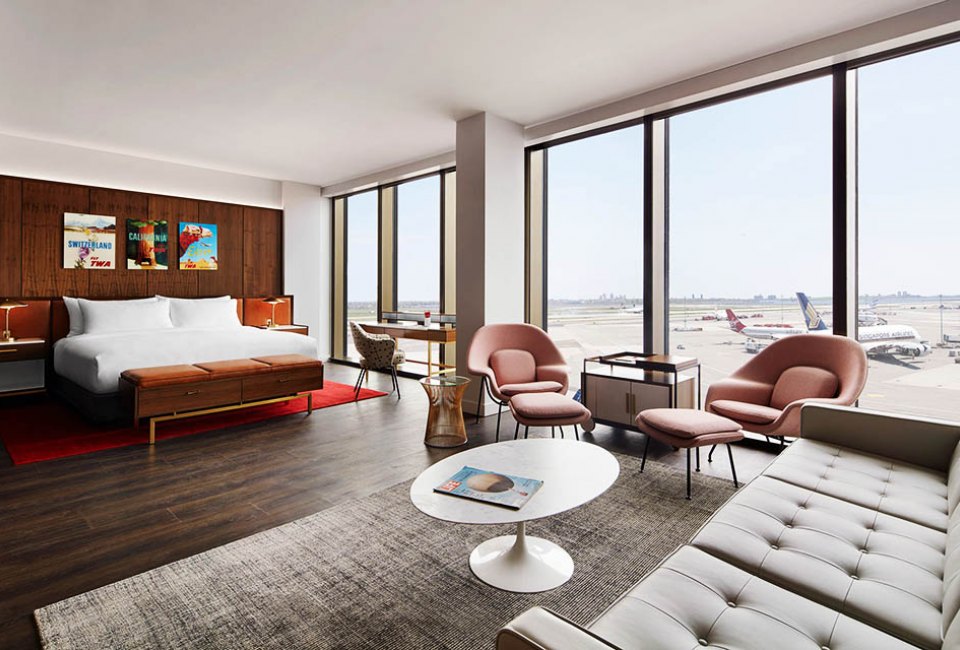 The TWA Hotel isn't far from home, but offers a little mid-century glam and some unique views. 