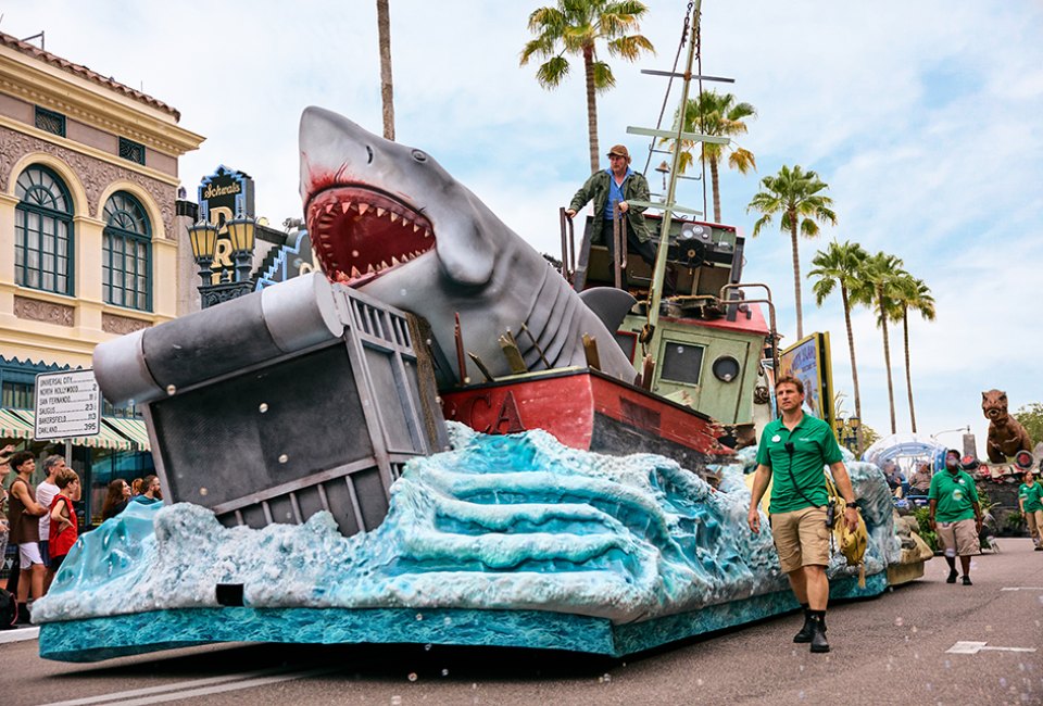 The shark from Jaws makes a terrifying appearance at the new Universal Mega Movie Parade! Photo courtesy Universal Orlando Resort