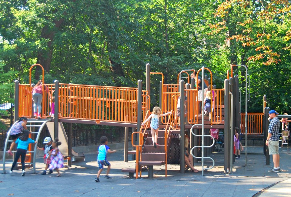 Parents and kids alike flock to Vanderbilt Playground for its separate jungle gyms for big and little kids, which keeps mixed-age siblings happy.