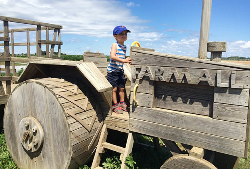 Boy rides a toy tractor at windy acres farm where you can go strawberry picking on Long Island